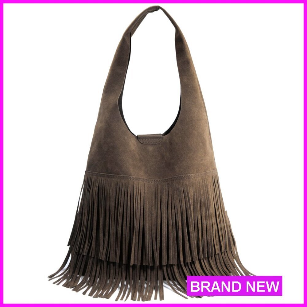 Faux Suede Hobo Bag Fringe Shoulder Handbag Boho Chic Slouchy